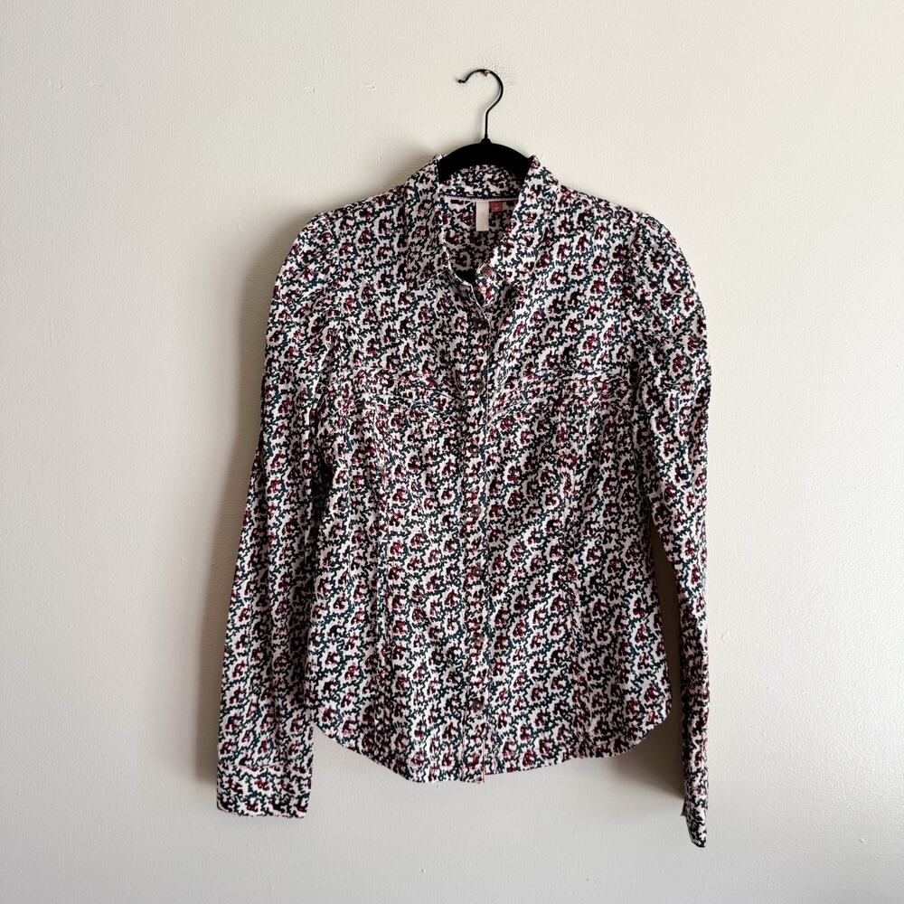 Pilcro Maroon + Tan Floral Print Textured Western Button Up Blouse Large